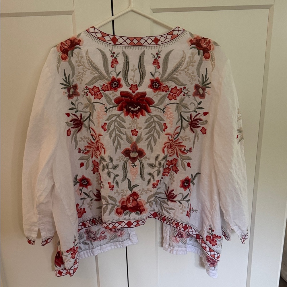 Johnny Was Linen Kimono with Red Floral Embroidery - Picture 4 of 4